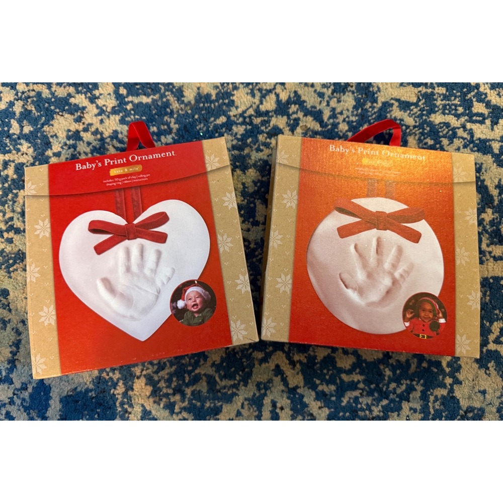 Kate & Milo Baby's Print Ornament Kit Set of 2 Heart & Round Clay Handprint DIY
